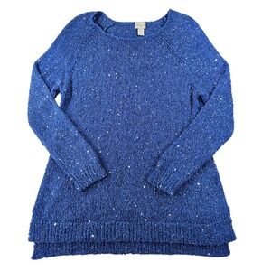 Chicos Size 2 Blue Sequin Knit Sweater Womens  Long Sleeve Scoop Neck Raglan
